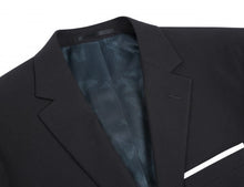 Load image into Gallery viewer, PREMIUM BUILD YOUR PACKAGE: Black Stretch Trim Fit Suit (Package Includes 2 Pc Suit, Shirt, Necktie or Bow Tie, Matching Pocket Square)