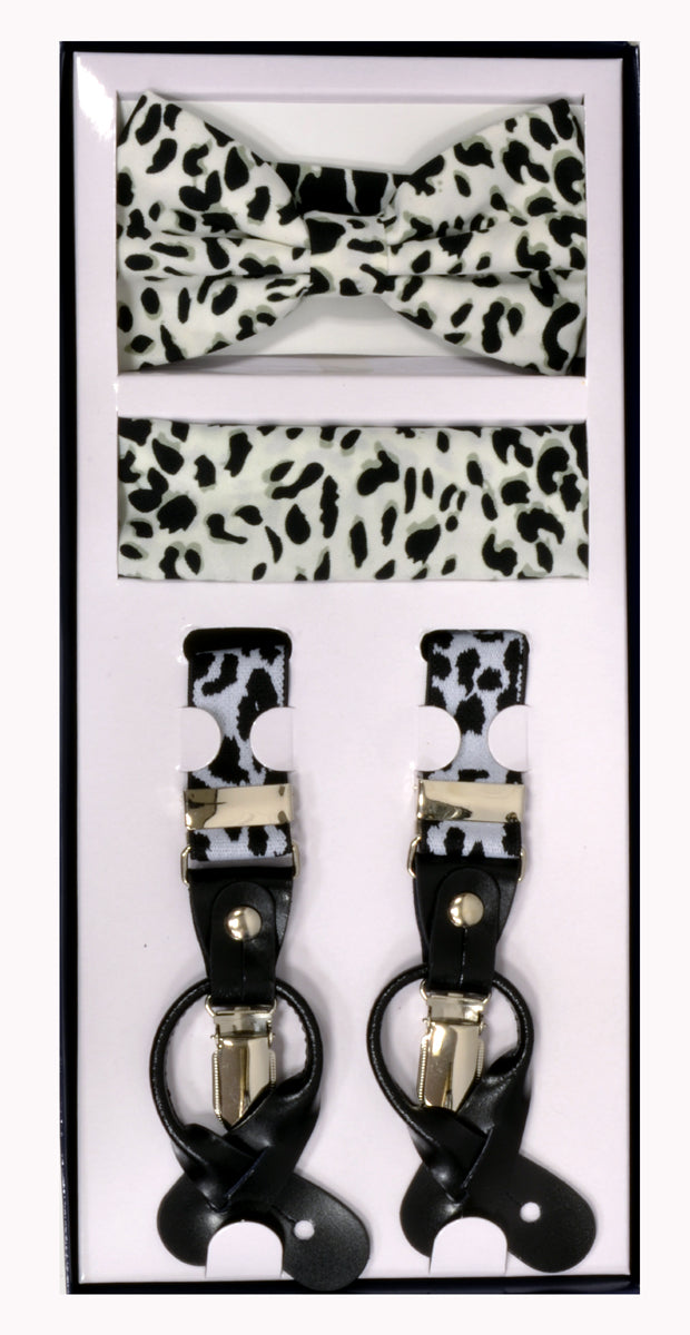 3 Piece Patterned Suspender Sets - Leopard White
