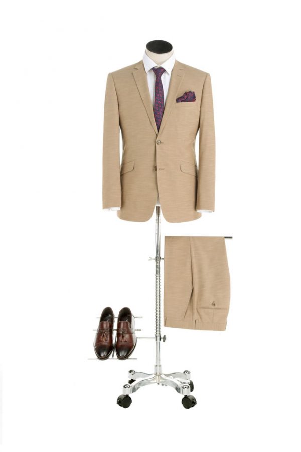 BUILD YOUR PACKAGE: Beige Slim Fit Suit (Package Includes 2 Pc Suit, Shirt, Necktie or Bow Tie, Matching Pocket Square, & Shoes)