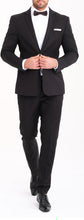 Load image into Gallery viewer, Black 4 Pc Suit Package: BUILD YOUR PACKAGE (Includes 2 Pc Suit, Shirt, Necktie or Bow Tie.
