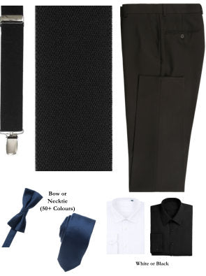 Black Suspender Look Package: BUILD YOUR PACKAGE MIX & MATCH: (Package Includes Suspender, Pant, Shirt, and Necktie or Bow Tie)