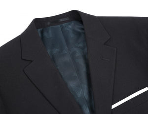 PREMIUM BUILD YOUR PACKAGE: Black Stretch Trim Fit Suit (Package Includes 2 Pc Suit, Shirt, Necktie or Bow Tie, Matching Pocket Square)