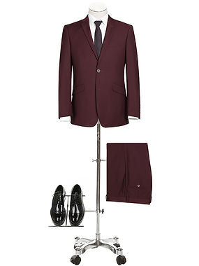 PREMIUM BUILD YOUR PACKAGE: New Burgundy Stretch Trim Fit Suit (Package Includes 2 Pc Suit, Shirt, Necktie or Bow Tie, Matching Pocket Square)