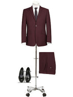PREMIUM BUILD YOUR PACKAGE: New Burgundy Stretch Trim Fit Suit (Package Includes 2 Pc Suit, Shirt, Necktie or Bow Tie, Matching Pocket Square)