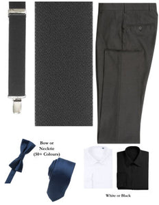 Charcoal Suspender Look Package: BUILD YOUR PACKAGE MIX & MATCH: (Package Includes Suspender, Pant, Shirt, and Necktie or Bow Tie)
