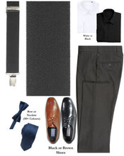 Load image into Gallery viewer, BUILD YOUR PACKAGE MIX &amp; MATCH: Charcoal Suspender Look (Package Includes Suspender, Pant, Shirt, Necktie or Bow Tie &amp; Shoes)
