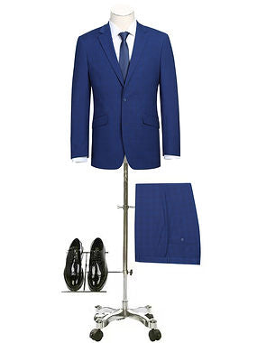 PREMIUM BUILD YOUR PACKAGE: New Blue Stretch Trim Fit Suit (Package Includes 2 Pc Suit, Shirt, Necktie or Bow Tie, Matching Pocket Square)