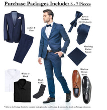 Load image into Gallery viewer, PREMIUM BUILD YOUR PACKAGE: Black Stretch Trim Fit Suit (Package Includes 2 Pc Suit, Shirt, Necktie or Bow Tie, Matching Pocket Square)
